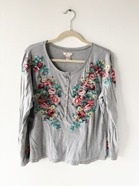 Sundance Tea Time Embroidered Henley Gray Floral Embroidery L Large Button Up